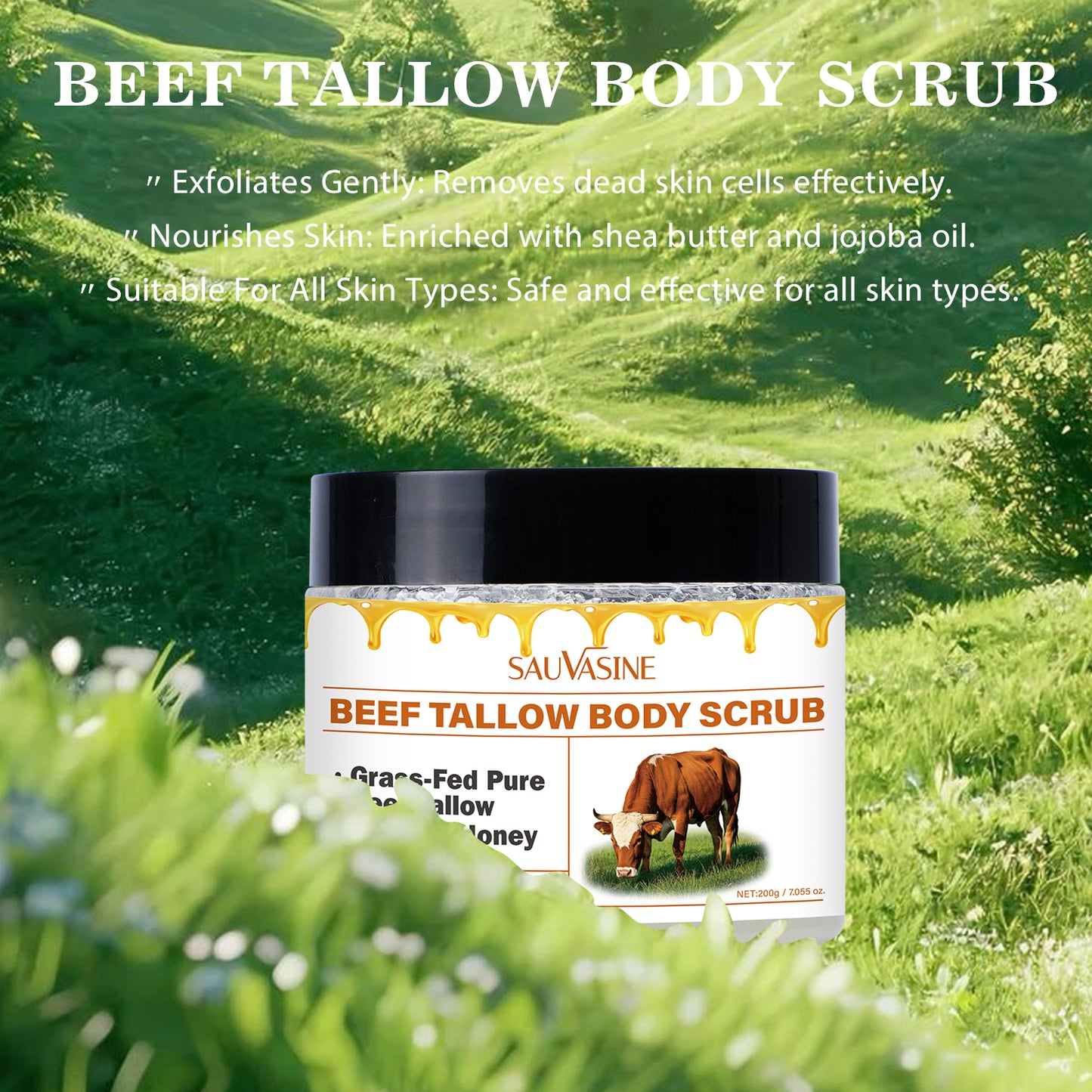 Customization Available 200g Gentle Exfoliating Nourishing Deep Cleansing Grass Fed Beef Tallow Manuka Honey Body Scrub
