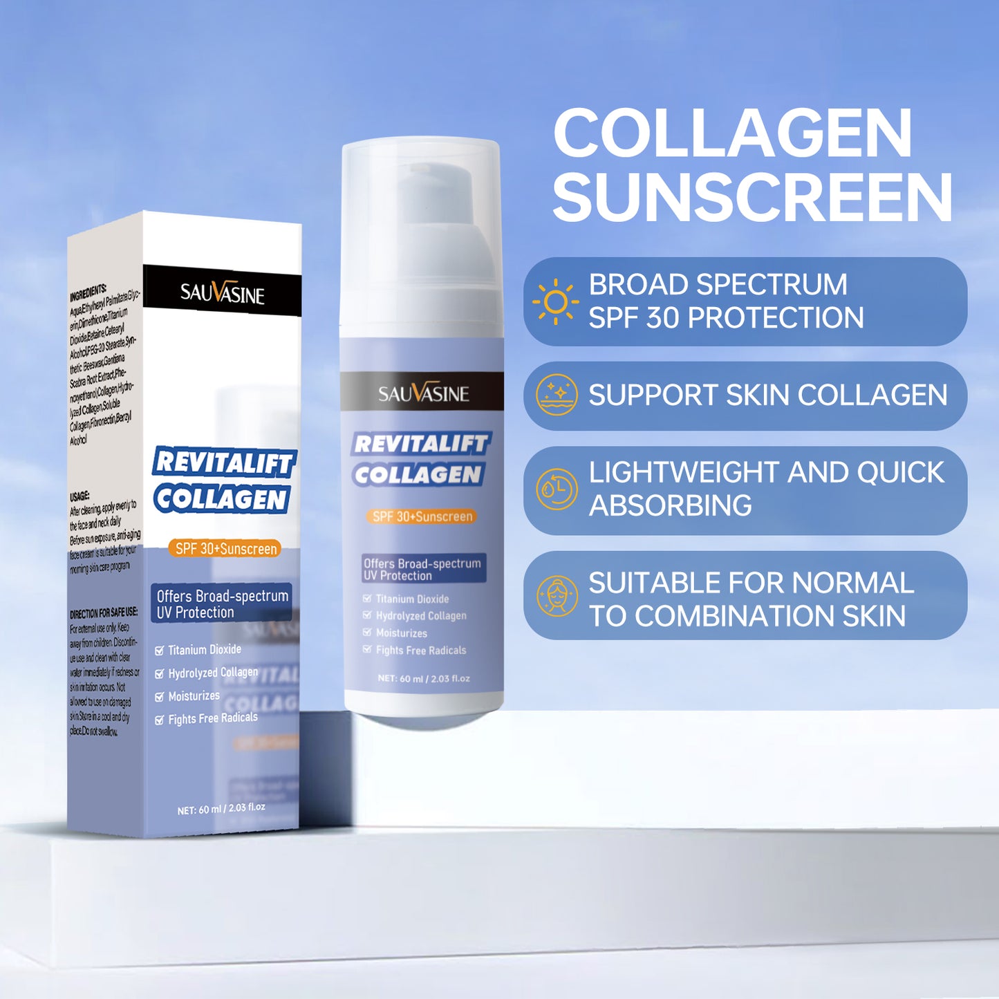 60ML OEM ODM Wholesale SPF30 Moisturizing Repairing Sun Protection Broad Spectrum Sunscreen Collagen Sunscreen