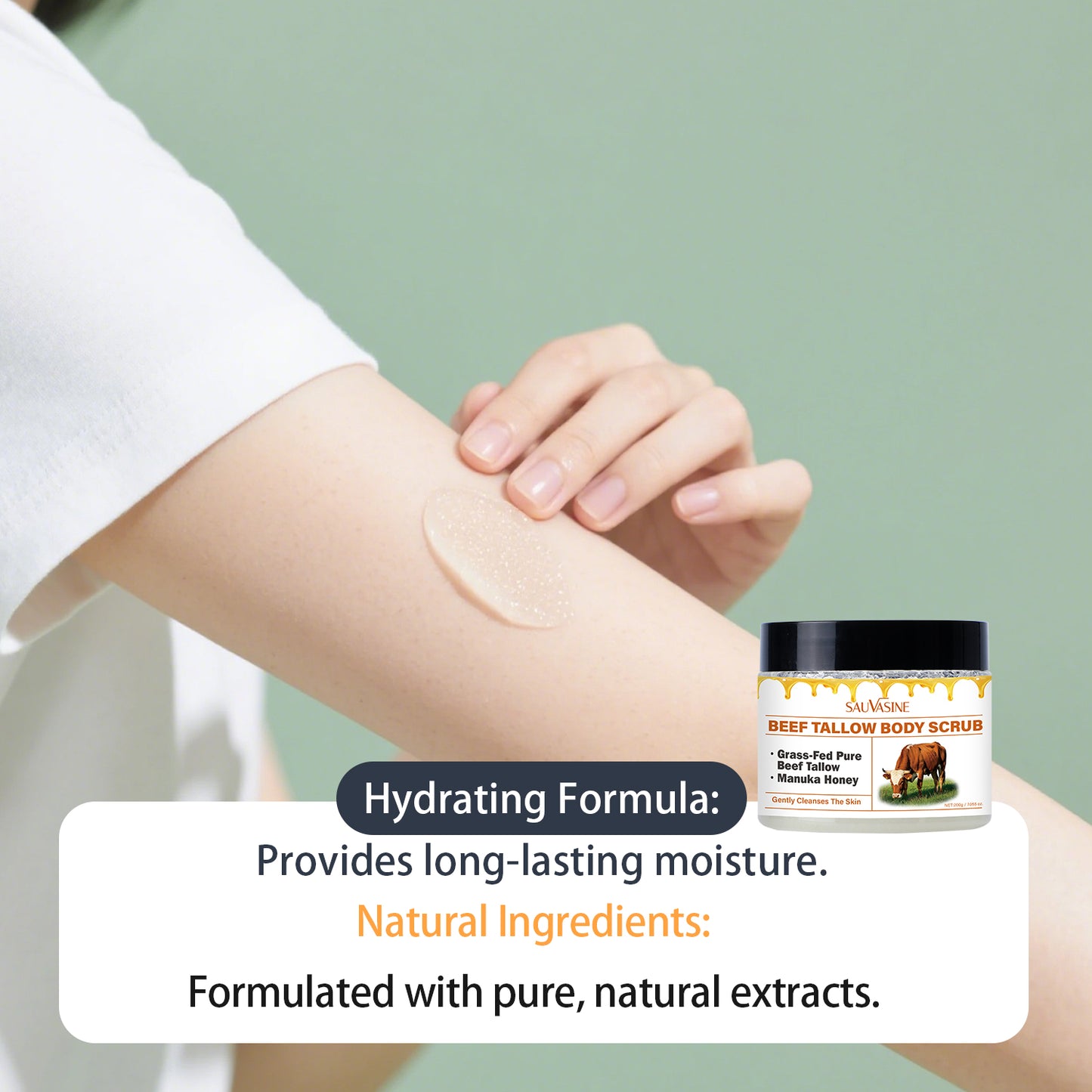 Customization Available 200g Gentle Exfoliating Nourishing Deep Cleansing Grass Fed Beef Tallow Manuka Honey Body Scrub