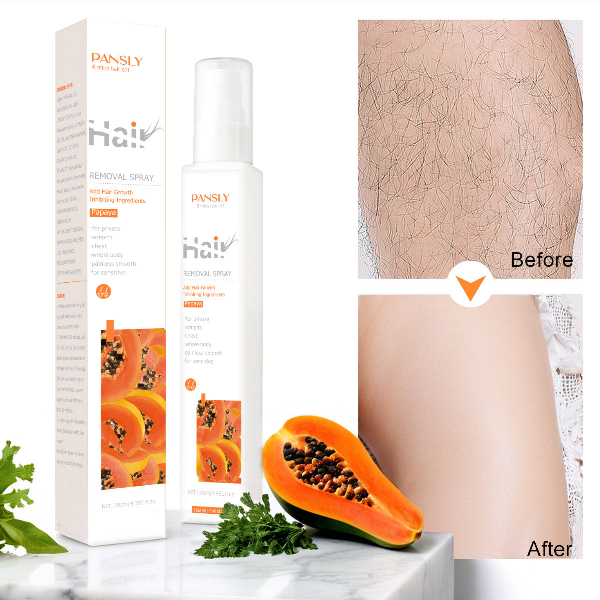 OEM ODM 100ml Papaya Summer Beach Bikini Ten Minutes Hair Removal Hair Removal Spray Inhibit the Growth of Hair