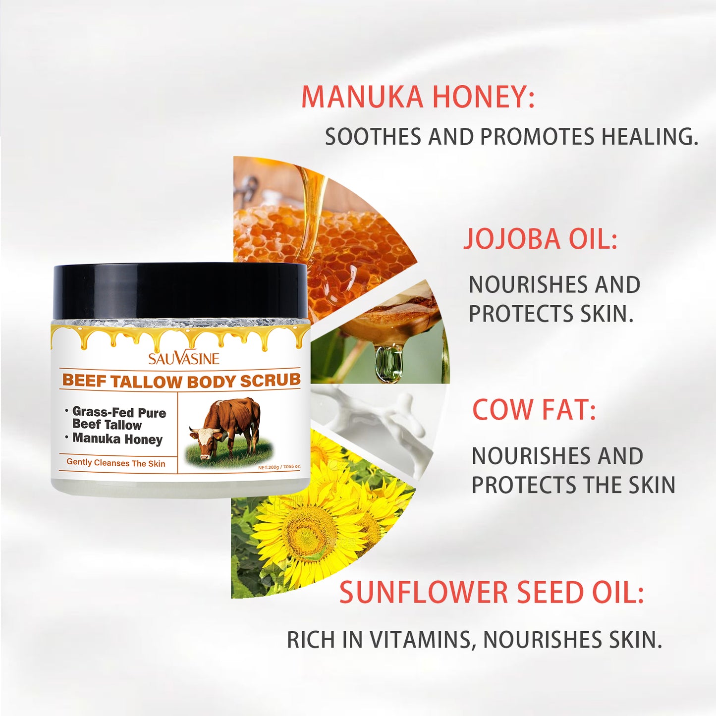 Customization Available 200g Gentle Exfoliating Nourishing Deep Cleansing Grass Fed Beef Tallow Manuka Honey Body Scrub