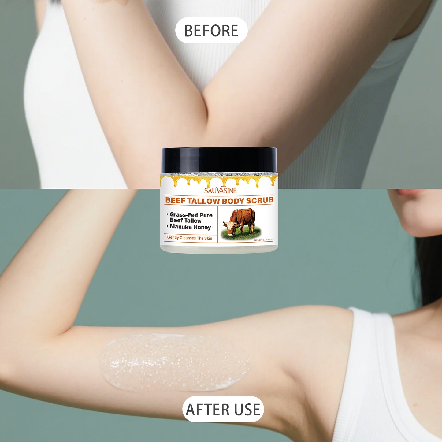 Customization Available 200g Gentle Exfoliating Nourishing Deep Cleansing Grass Fed Beef Tallow Manuka Honey Body Scrub