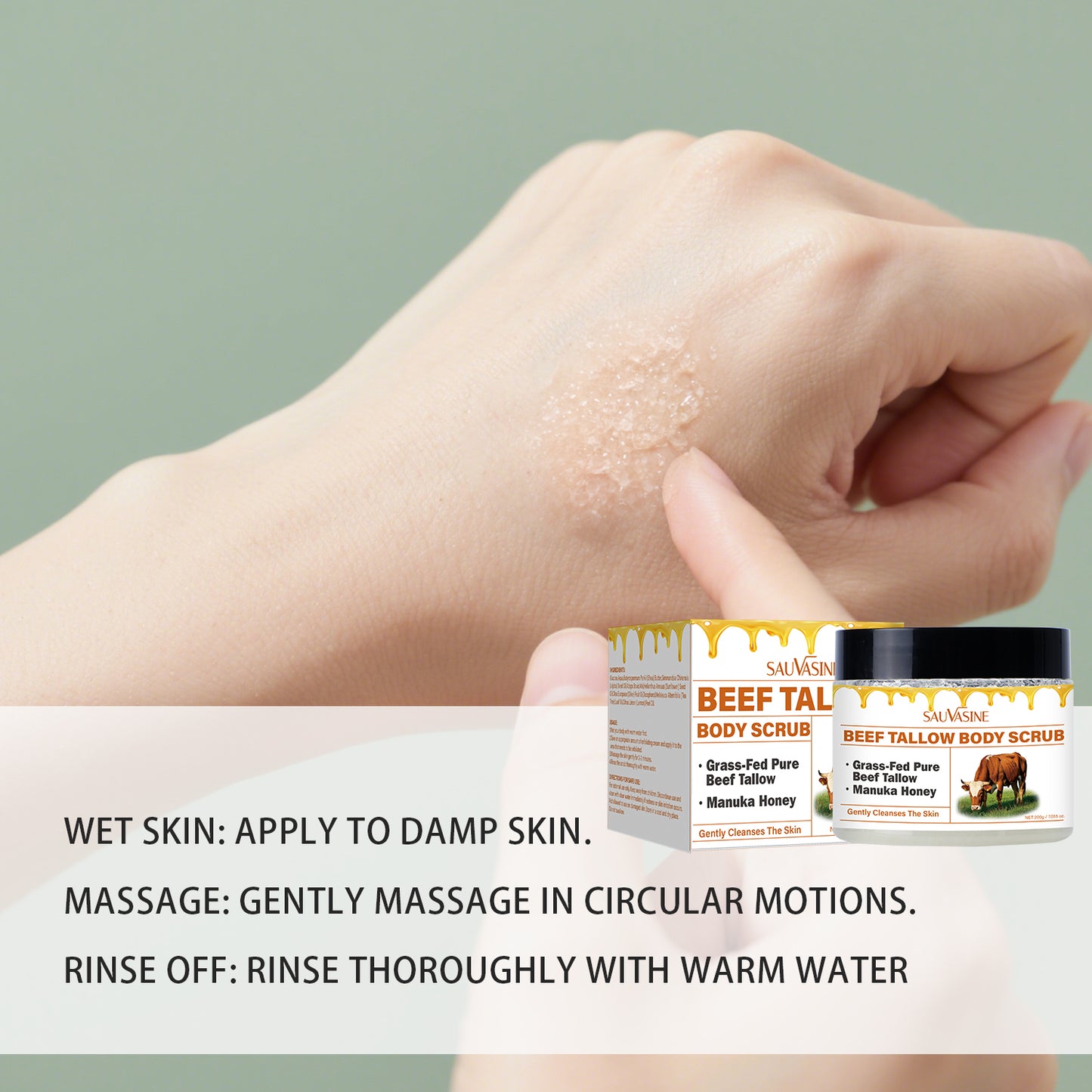 Customization Available 200g Gentle Exfoliating Nourishing Deep Cleansing Grass Fed Beef Tallow Manuka Honey Body Scrub