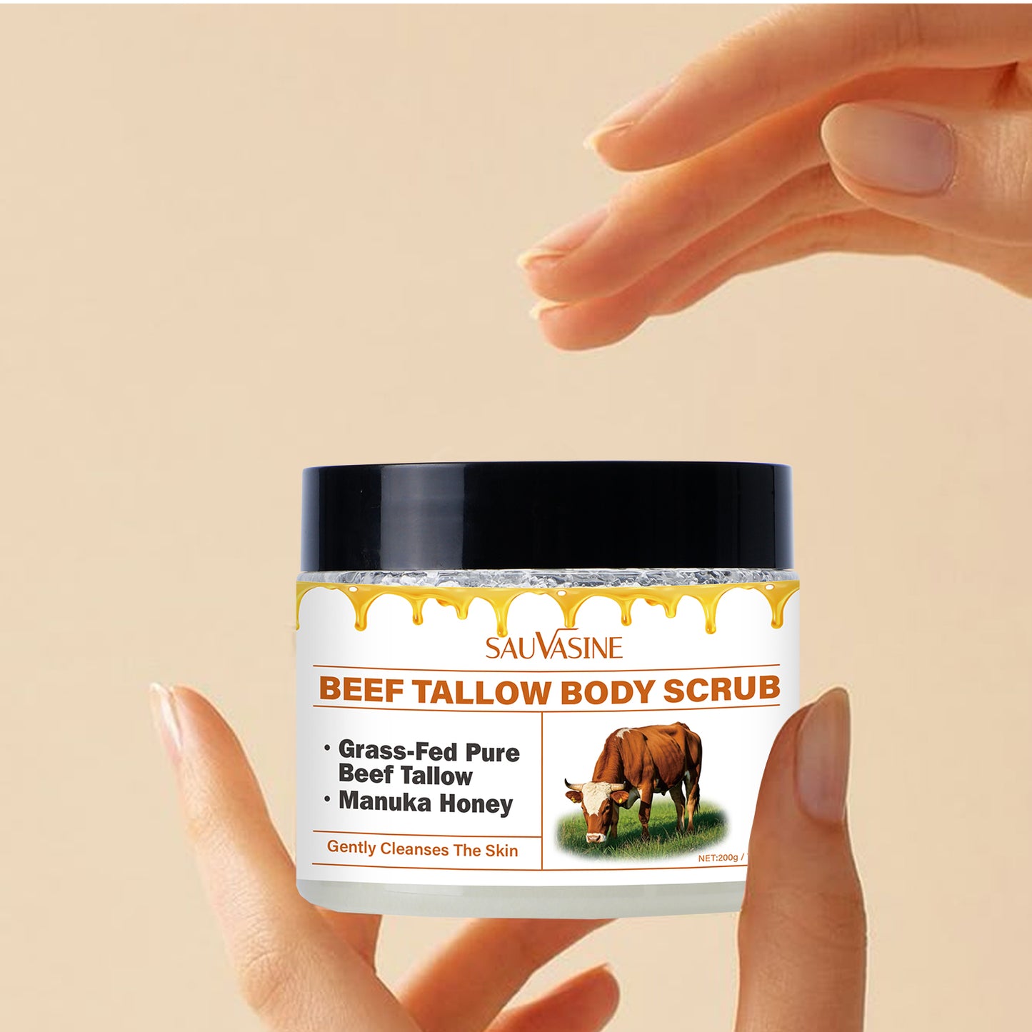 Customization Available 200g Gentle Exfoliating Nourishing Deep Cleansing Grass Fed Beef Tallow Manuka Honey Body Scrub