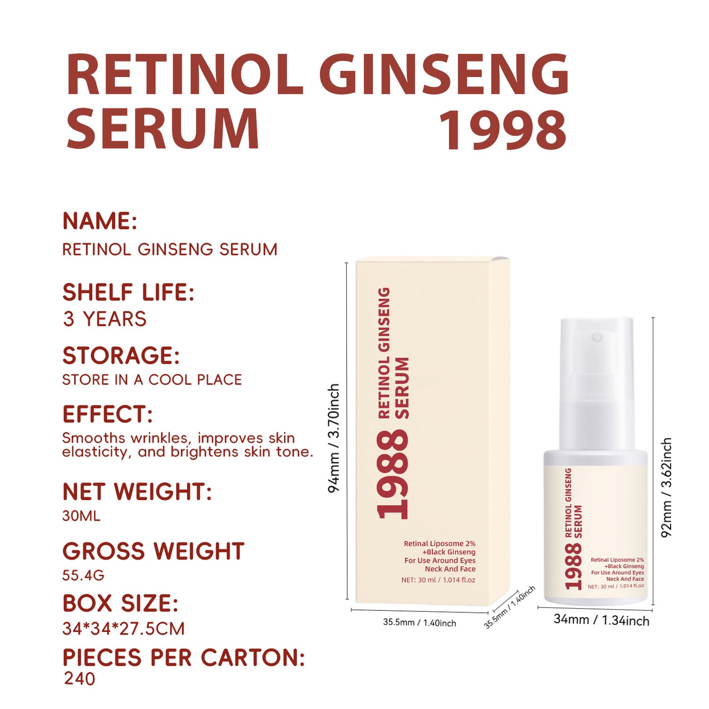 Private Label 30ML Anti-aging Anti-wrinkle 2% Retinol Ginseng Serum