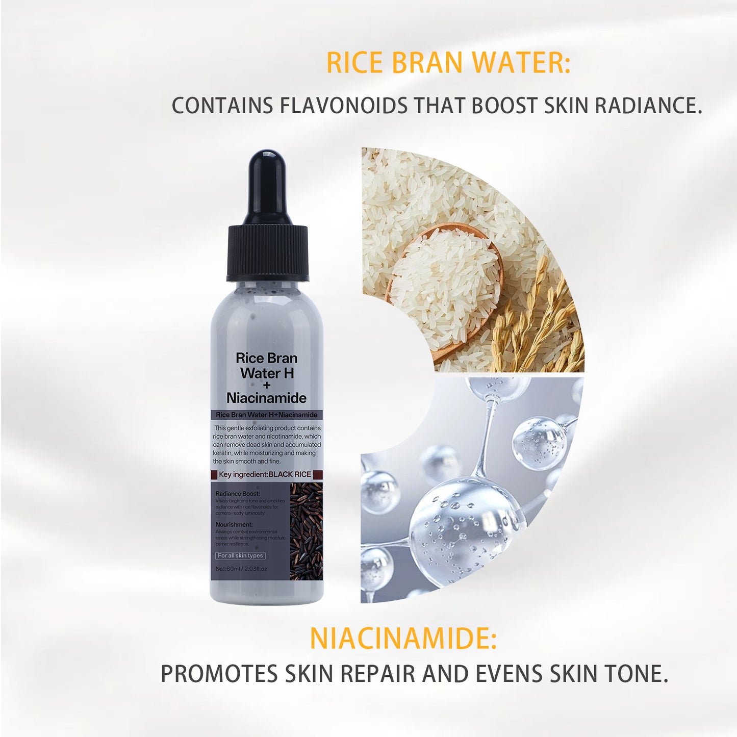 60ML Custom Formula Design Rice Bran Water Niacinamide Face Body Scrub Peeling Exfoliating Ampoule