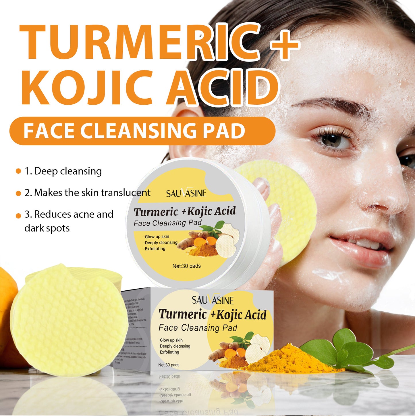 Custom Logo 30 Pads Acne Removal Blackheads Removal Brightening Deep Cleansing Turmeric Kojic Acid Face Cleansing Pads