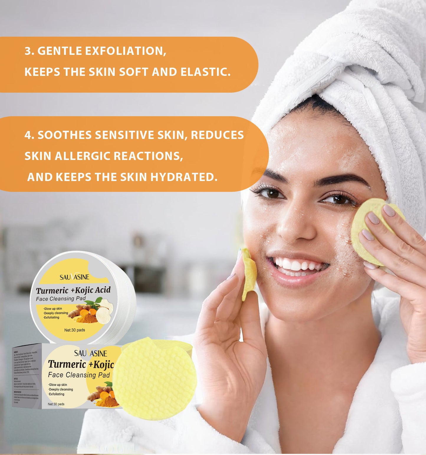 Custom Logo 30 Pads Acne Removal Blackheads Removal Brightening Deep Cleansing Turmeric Kojic Acid Face Cleansing Pads