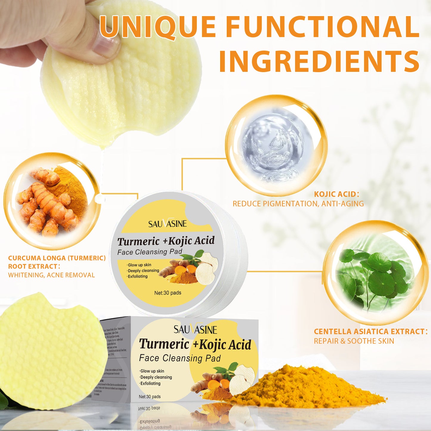 Custom Logo 30 Pads Acne Removal Blackheads Removal Brightening Deep Cleansing Turmeric Kojic Acid Face Cleansing Pads