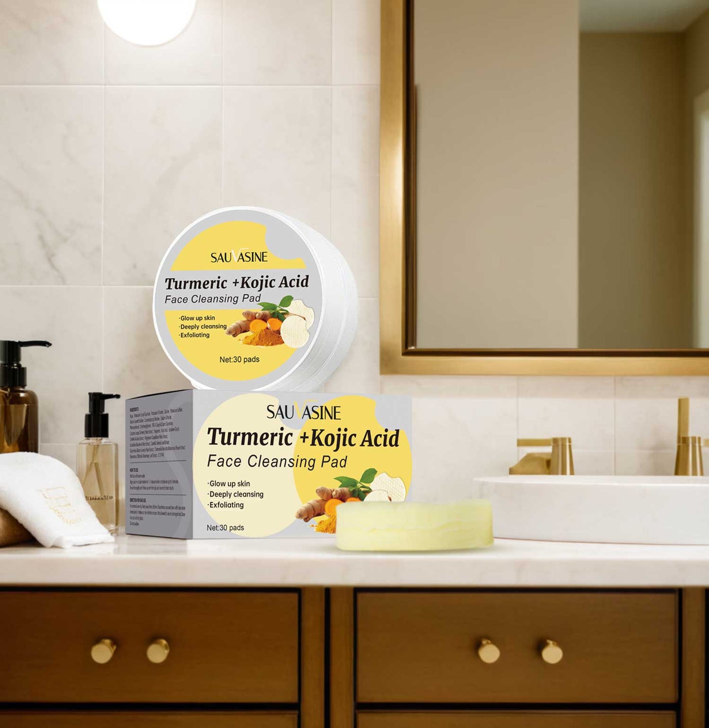 Custom Logo 30 Pads Acne Removal Blackheads Removal Brightening Deep Cleansing Turmeric Kojic Acid Face Cleansing Pads