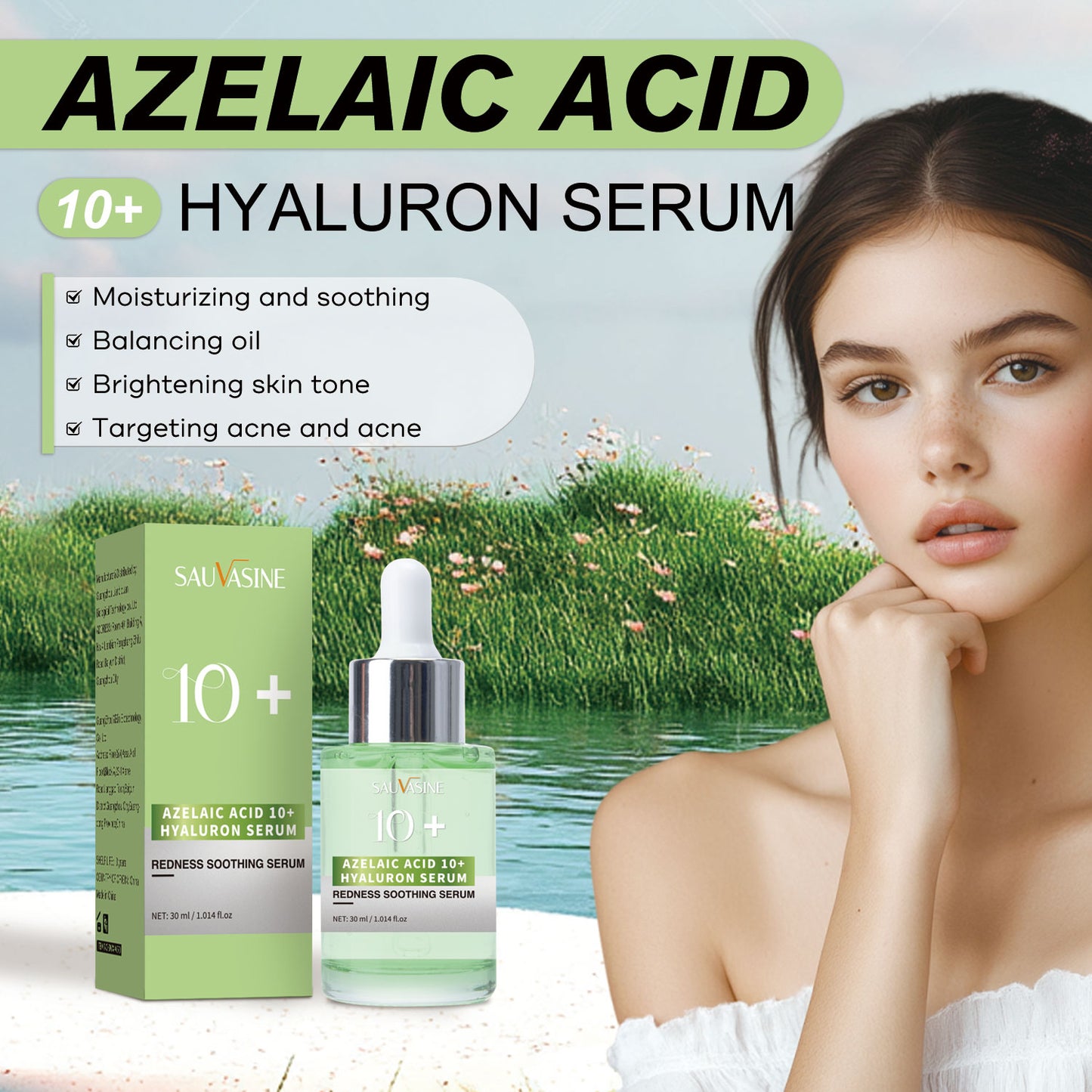 30ml Custom Logo Wholesale 10% Azelaic Acid Hyaluronic Acid Anti-acne Brightening Moisturizing Face Serum