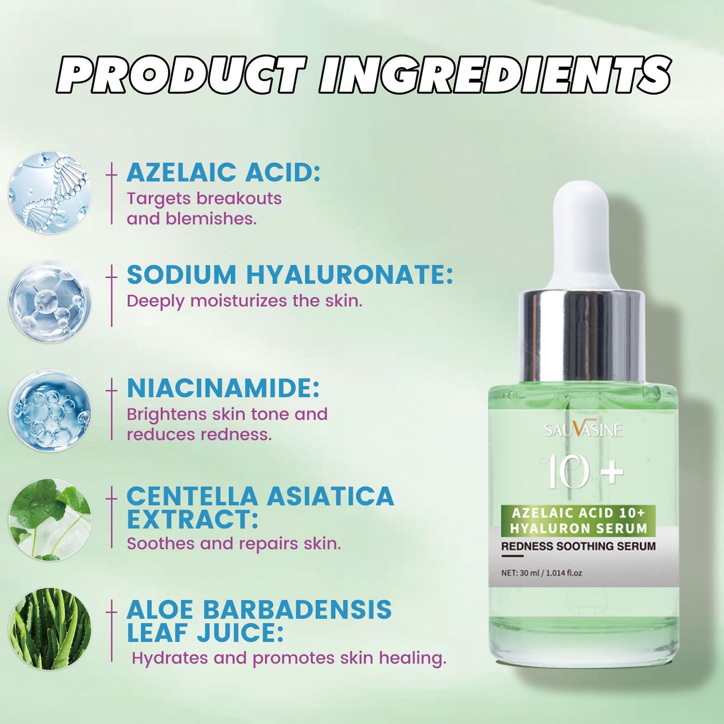 30ml Custom Logo Wholesale 10% Azelaic Acid Hyaluronic Acid Anti-acne Brightening Moisturizing Face Serum