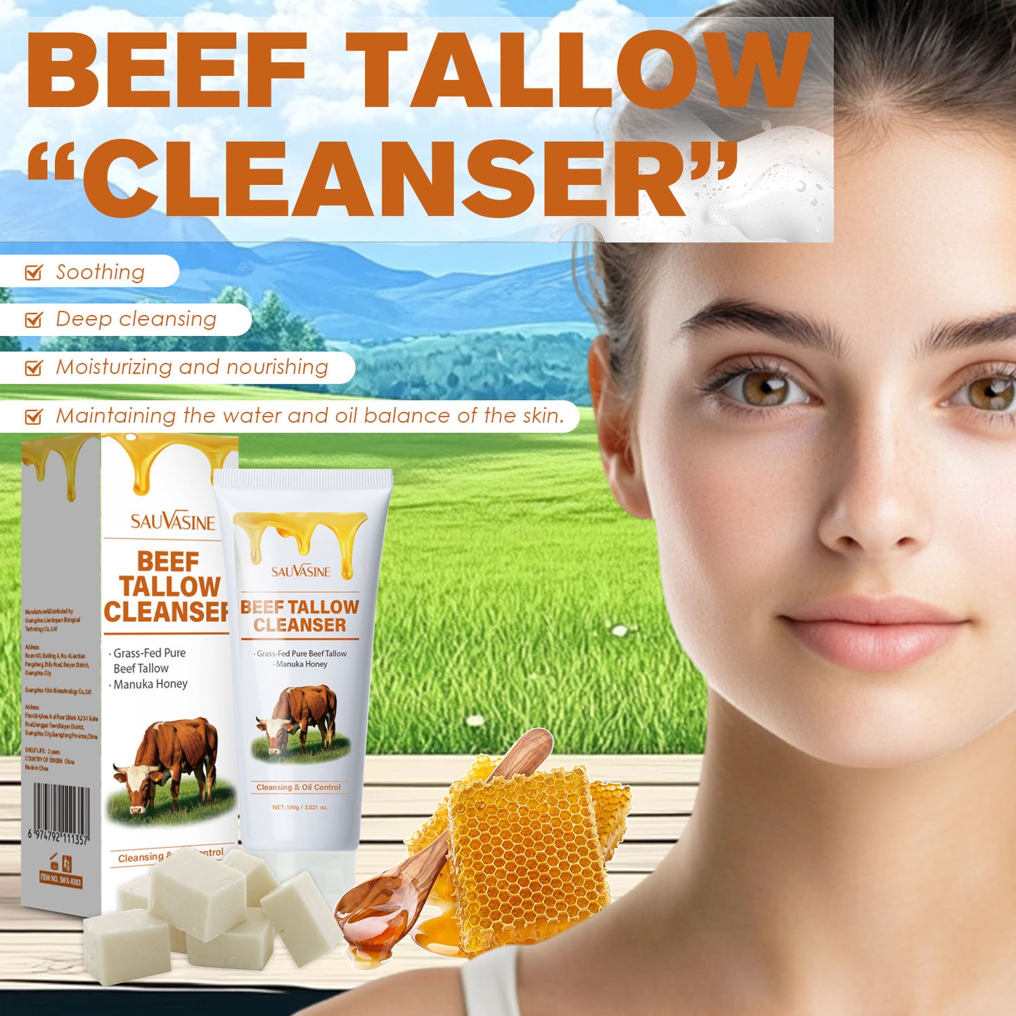 100g Deep Cleansing Moisturizing Beef Tallow Honey Facial Cleanser