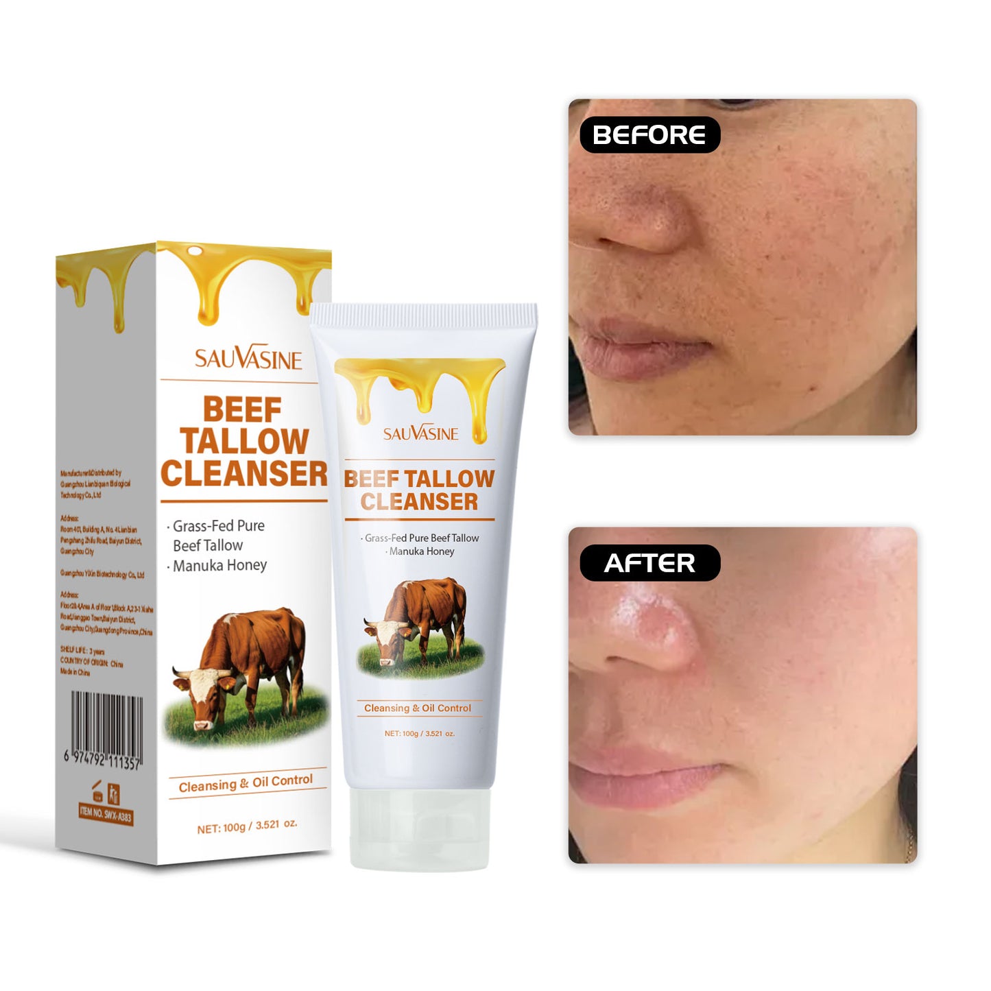 100g Deep Cleansing Moisturizing Beef Tallow Honey Facial Cleanser