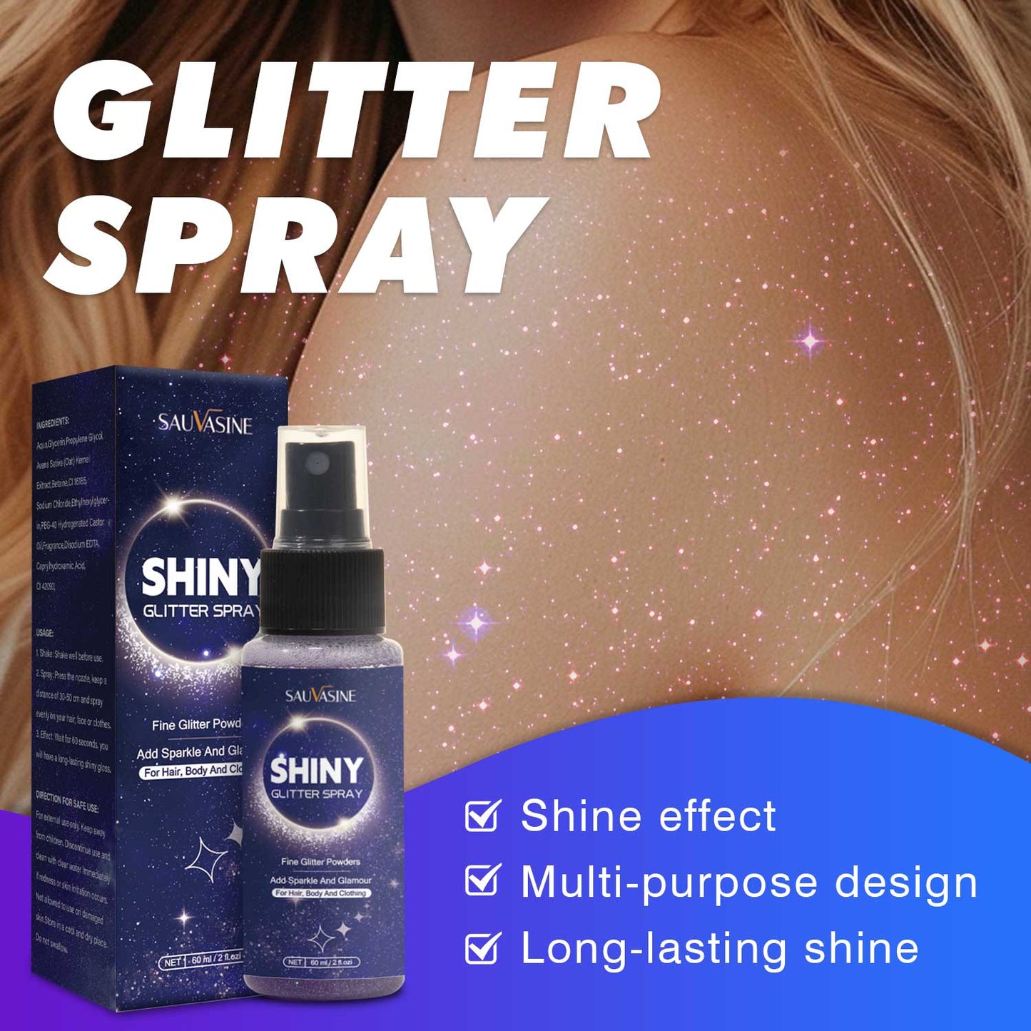 Cosmetics OEM 60ML Party Performance Long Lasting Body Shimmer Glitter Spray