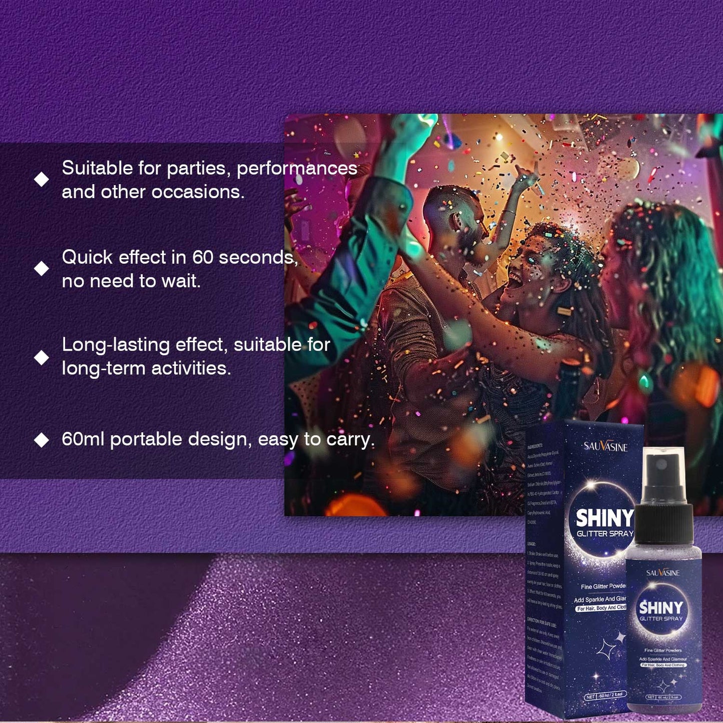 Cosmetics OEM 60ML Party Performance Long Lasting Body Shimmer Glitter Spray