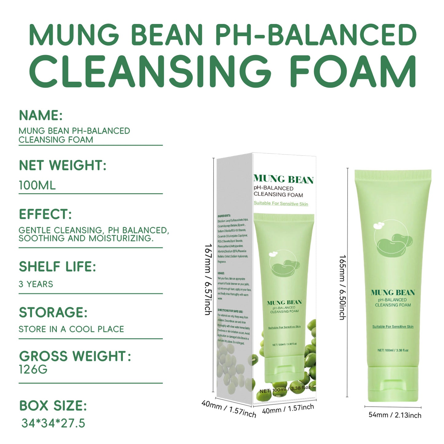Custom Brand 100ML Soothing Mung Bean PH-Balanced Cleansing Foam