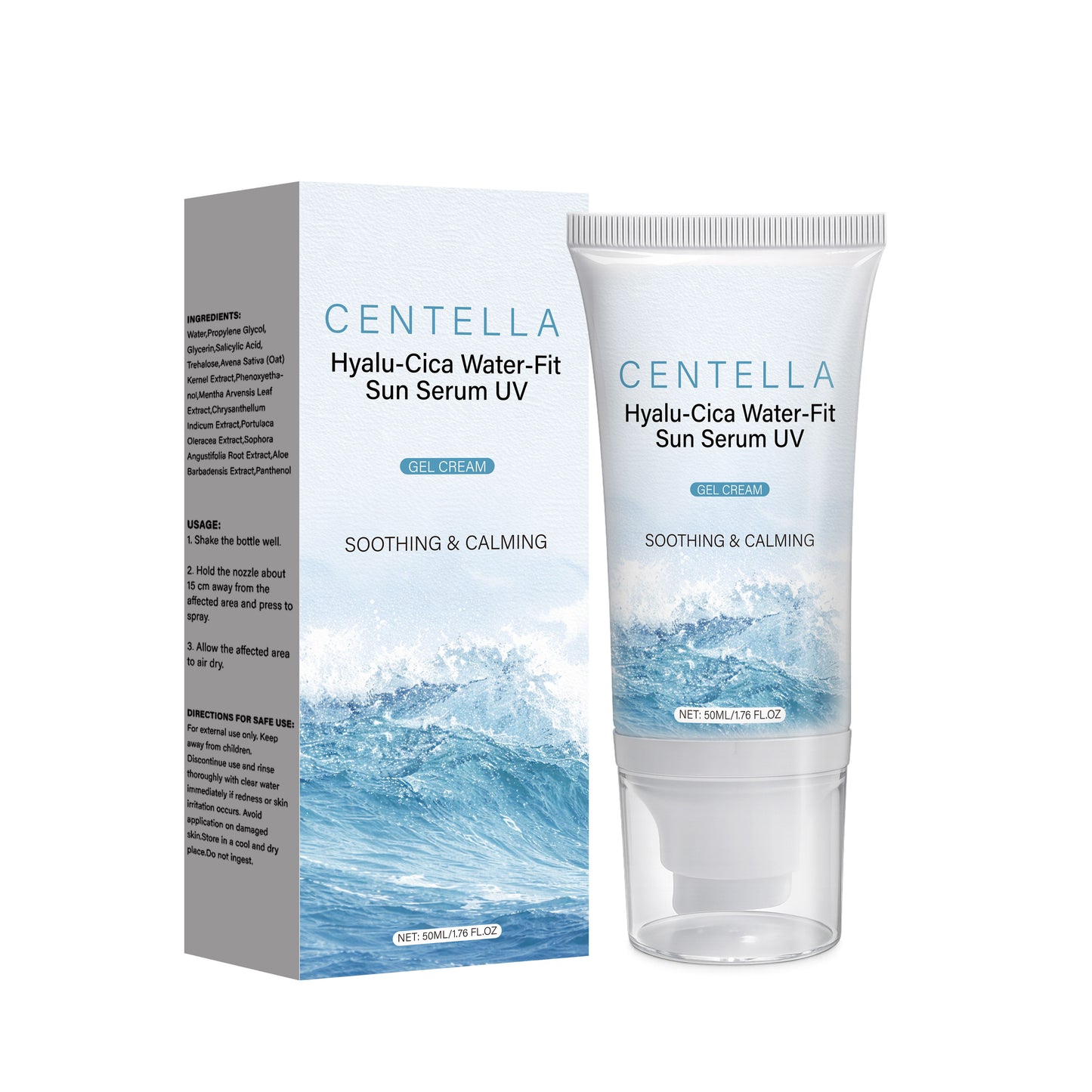OEM ODM 50ML Plastic Tube White Cream Hyalu-Cica Water-Fit UVA UVB SPF50 Sun Serum Sunscreen Chenzhimei Cosmetics