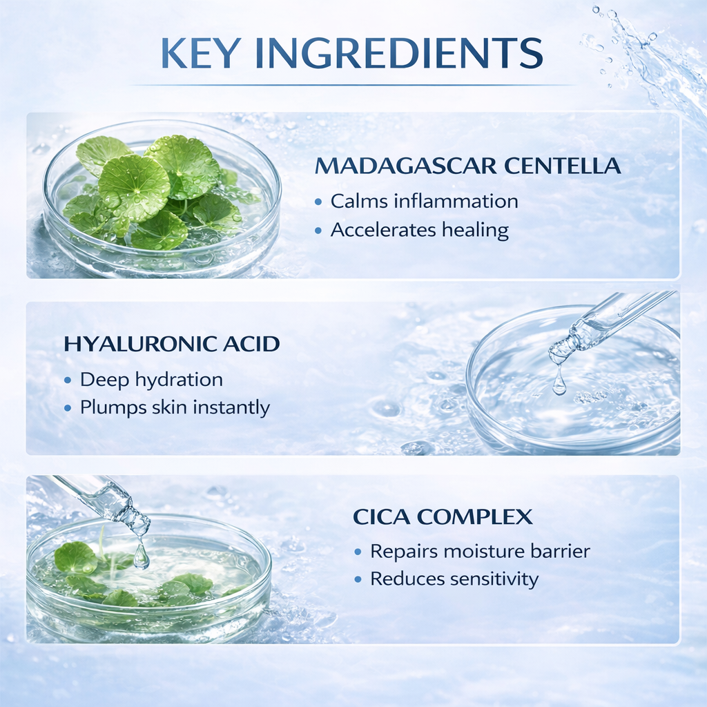 Key Ingredients Madagascar Centella Hyaluronic Acid CICA Complex For Hyalu-Cica Water-Fit UVA UVB SPF50 Sun Serum Sunscreen