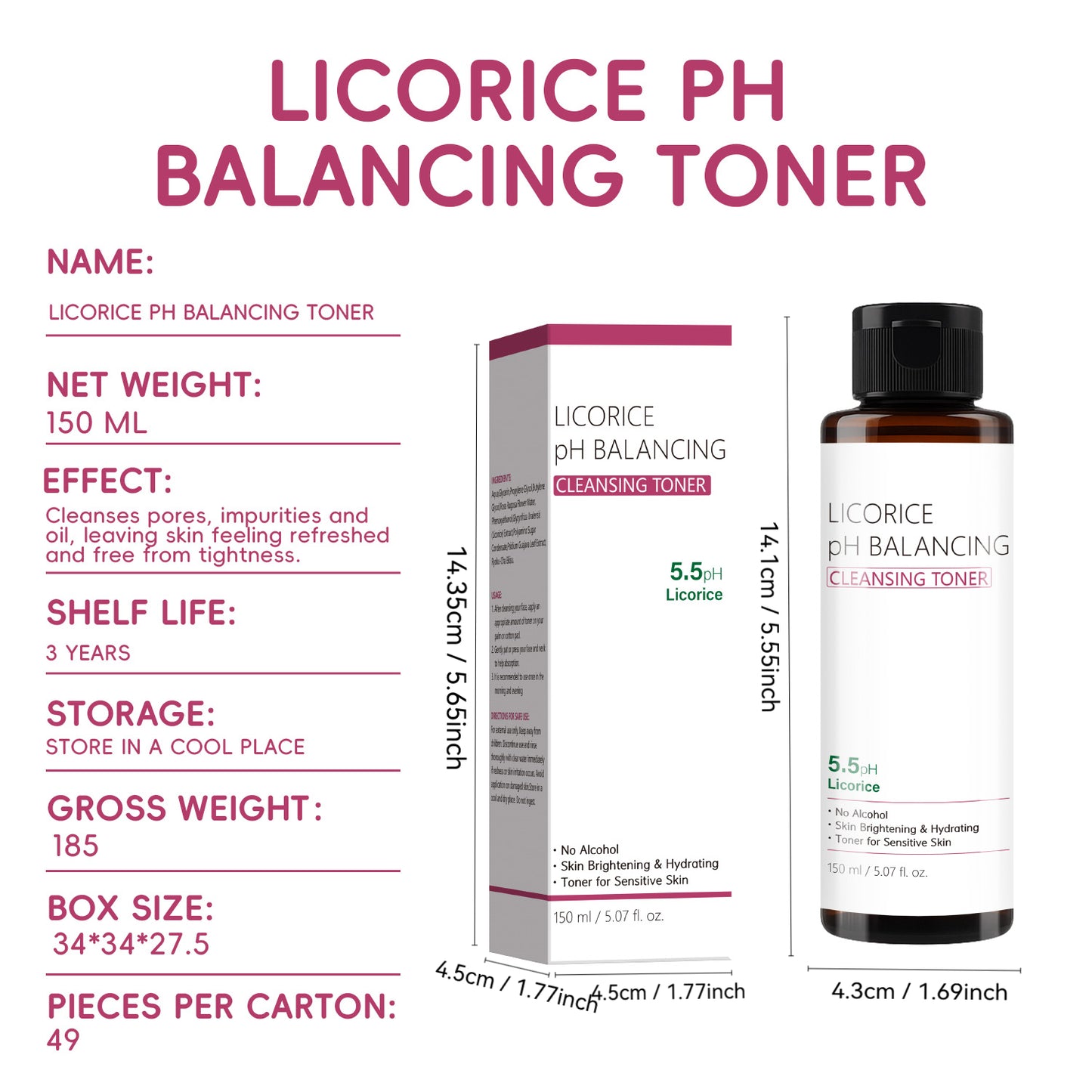 Cosmetics OEM 150ML Anti-acne Anti-oxidant Licorice PH Balancing Toner