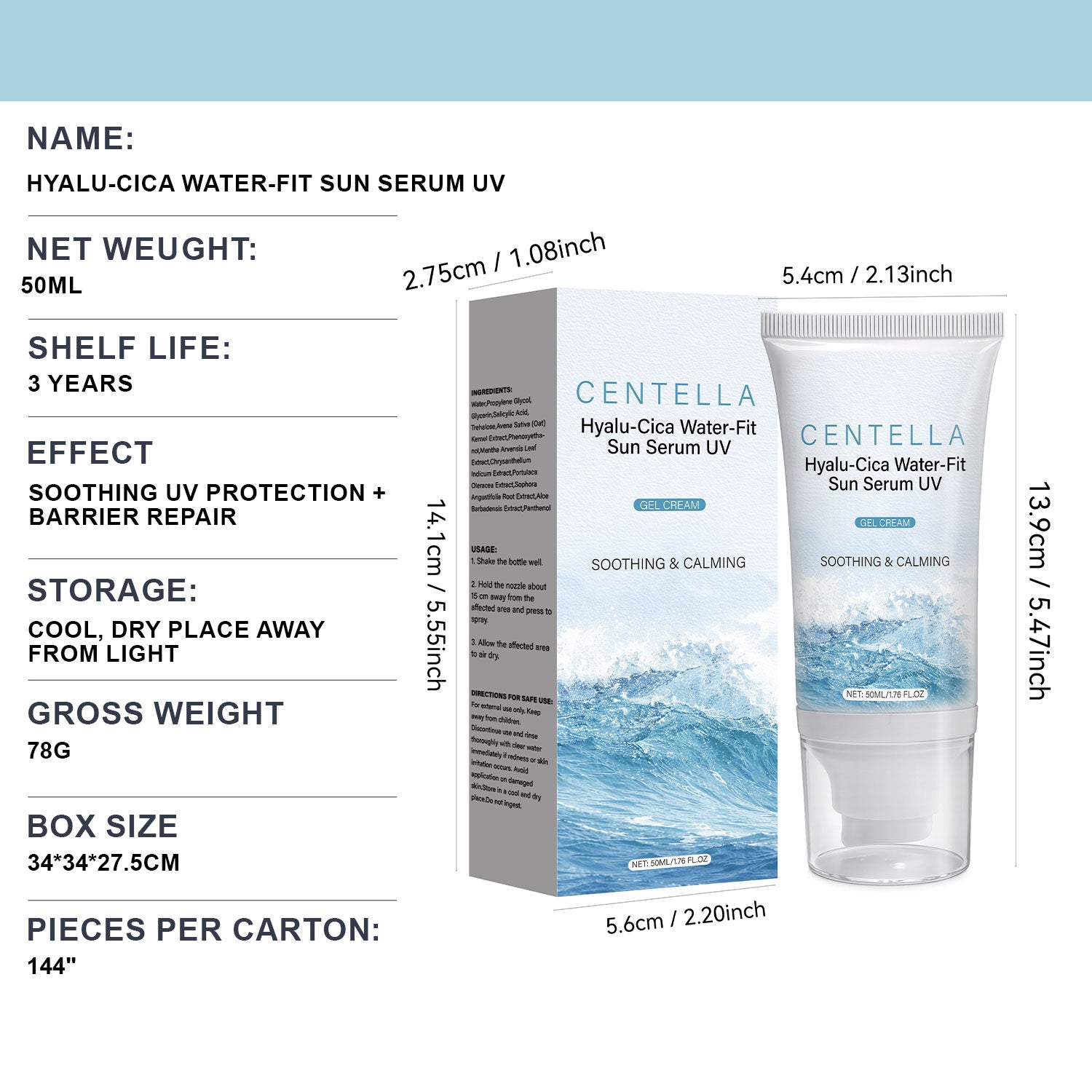Product Detailed Informations Net Weight Shelf Life Effect Gross Weight Box Size For Hyalu-Cica Water-Fit UVA UVB SPF50 Sun Serum Sunscreen