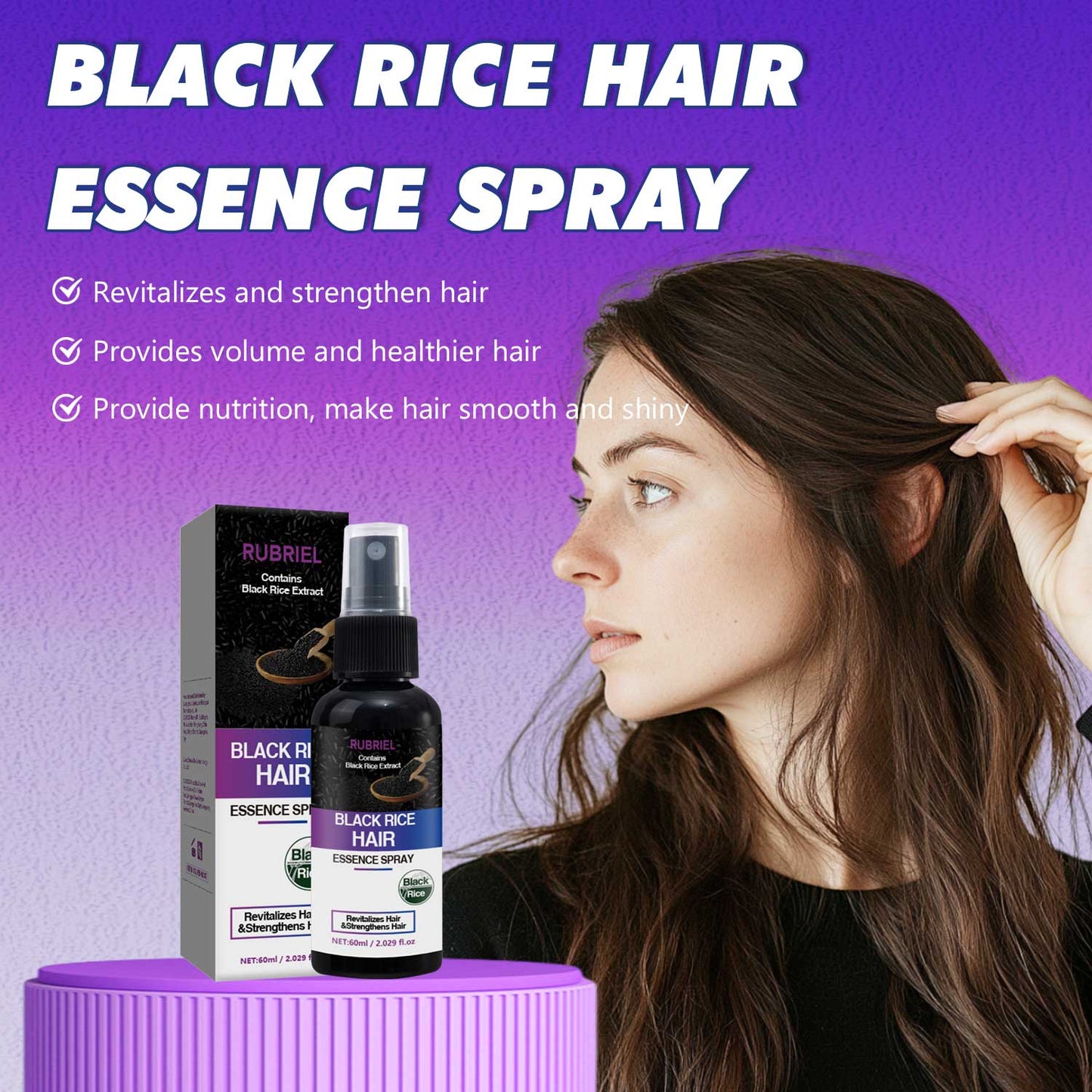 Custom Logo Wholesale 60ML Revitalize Strengthen Smooth Shiny Black Rice Hair Growth Spray