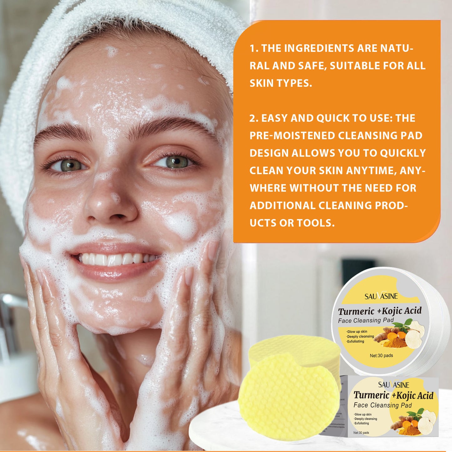 Custom Logo 30 Pads Acne Removal Blackheads Removal Brightening Deep Cleansing Turmeric Kojic Acid Face Cleansing Pads